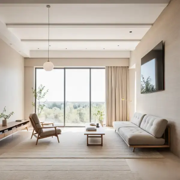 A serene, Scandinavian-style living room with minimalist decor, neutral tones, and floor-to-ceiling windows letting in soft natural light—created using ArchiVinci's interior AI tool to visualize calming, contemporary home design.