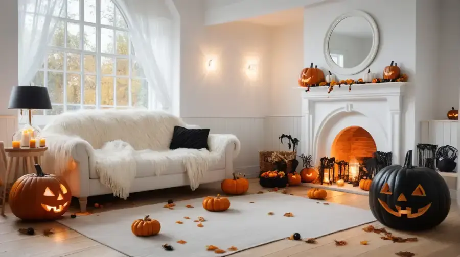 A cozy white living room decorated for Halloween with glowing jack-o'-lanterns, autumn leaves, and warm firelight—styled with the creative help of an AI architect to balance festive charm and modern elegance.