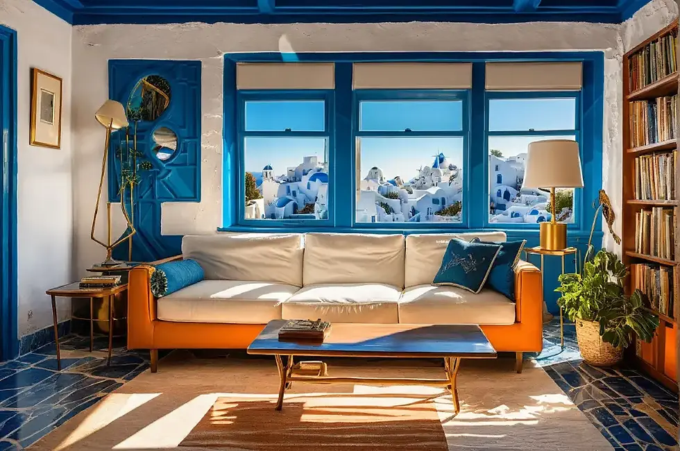 A sunlit coastal living room with a white-and-orange sofa, blue accents, and large windows overlooking the iconic white buildings and blue domes of Santorini—beautifully illustrated through a detailed AI render.