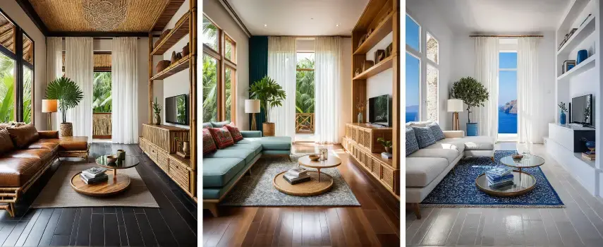A vibrant tropical-inspired living room visualized with architectural ai render technology, featuring natural materials and lush outdoor integration that evoke a sense of resort living.
