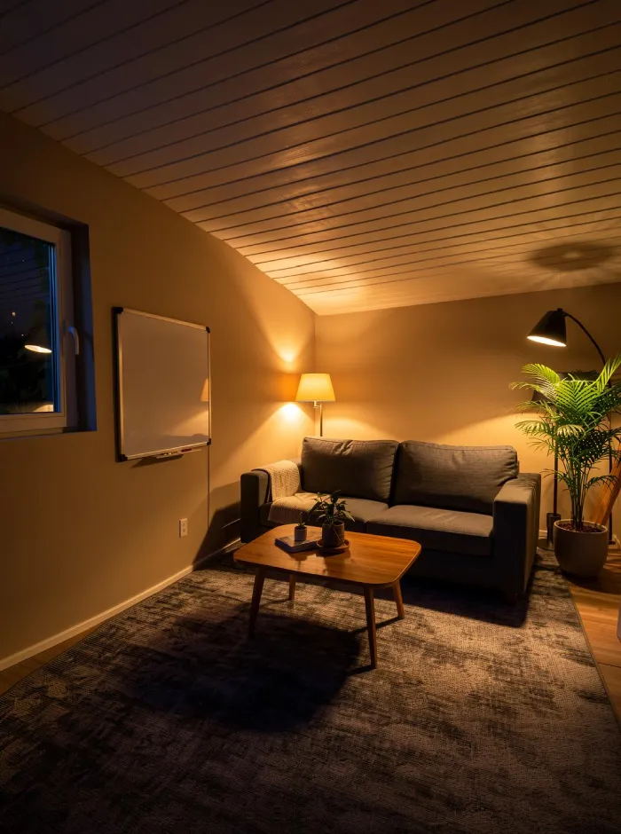 Ambiente nocturno del estudio de música generado con ArchiVinci, con iluminación acogedora que apoya largas sesiones de trabajo, práctica relajada y tiempo de concentración tras el anochecer.