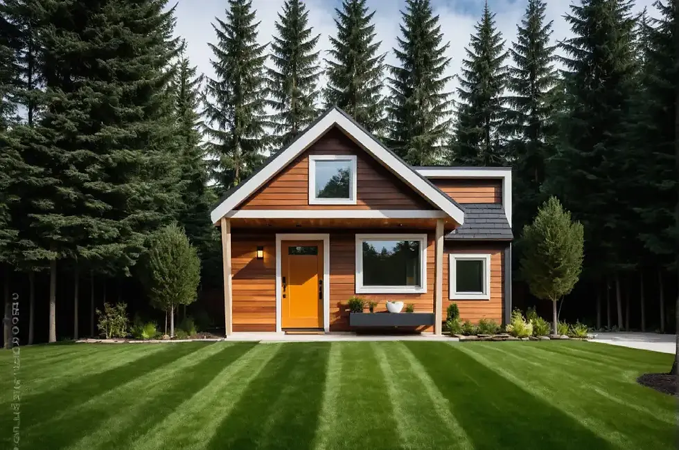 A cozy modern cabin with warm wooden siding and a bright orange door, set against a backdrop of tall pine trees and a neatly striped lawn, depicted in a high-quality architectural render.