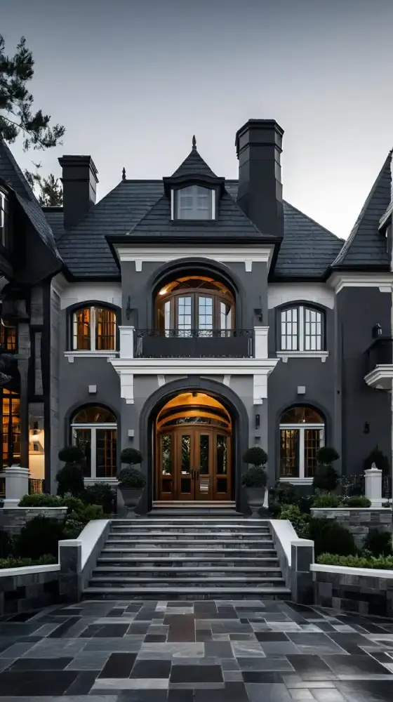 A luxury manor with a grand entrance at dusk, featuring a dark facade, arched doorway, and symmetrical landscaping—an elegant result of an ai redesign for modern classic architecture.