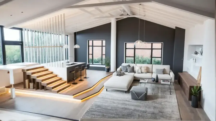 A contemporary split-level living room with minimalist interior render, featuring clean architectural lines, built-in lighting, and neutral-toned furnishings in a bright, open space.