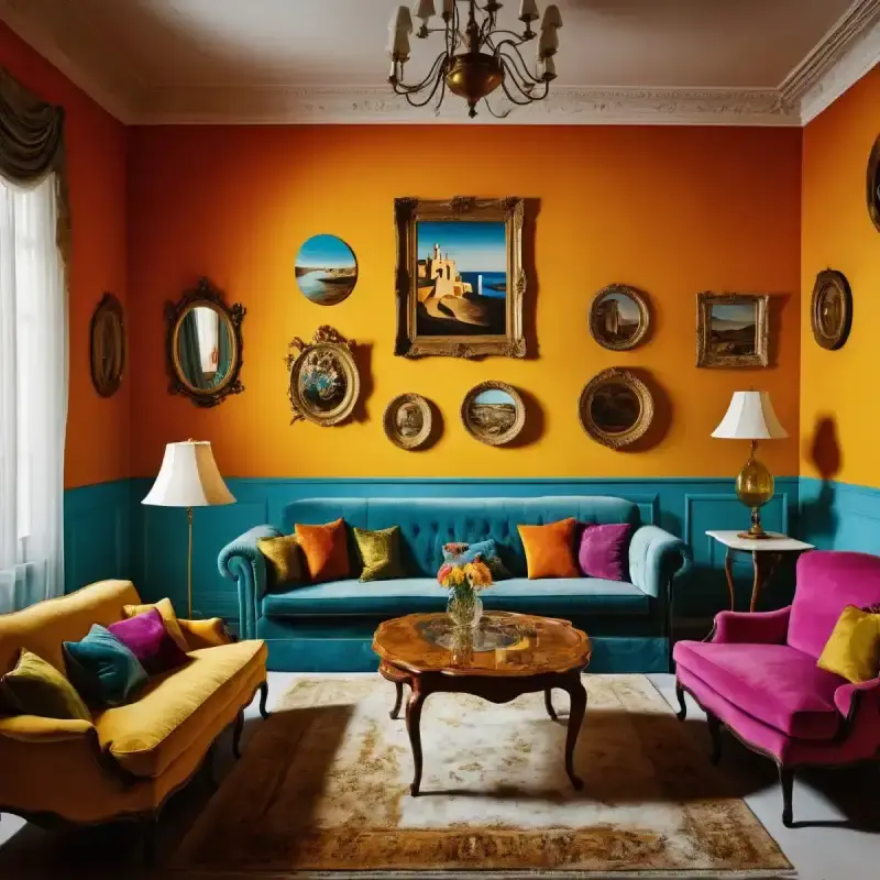 An eclectic vintage living room showcasing a bold ai redesign, with vibrant orange and teal walls, classic furniture in jewel tones, and a curated gallery wall of ornate framed art.