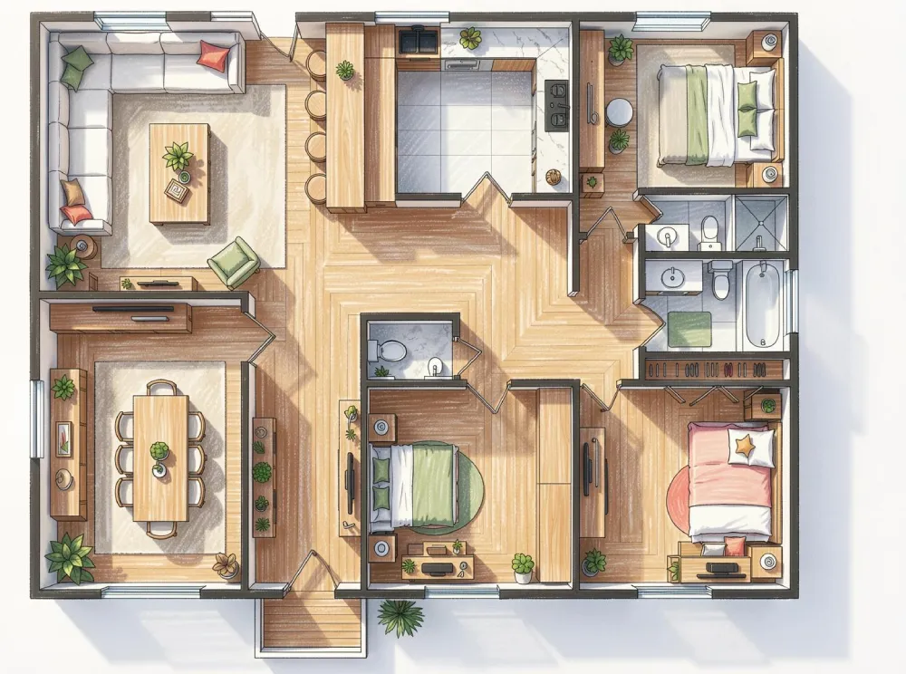 Segunda alternativa de distribución de mobiliario generada con el Floor Plan Marker de ArchiVinci, que muestra una disposición diferente de las zonas de estar, comedor, cocina y dormitorios para comparar.