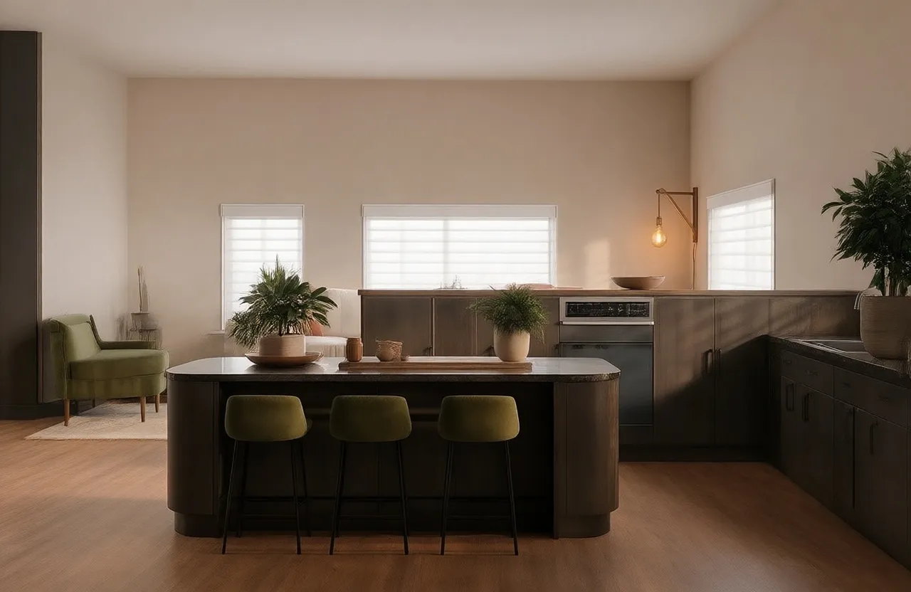 Render con IA de la cocina de la casa familiar en tonos más oscuros y refinados, con encimeras de mármol negro y una gran isla de cocina, generado con ArchiVinci.