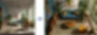 A two-part image showing the same vibrant living room rendered from two perspectives: a front-facing view on the left and a top-down view on the right—illustrating how AI can render room from different angle to enhance spatial understanding and interior design planning.