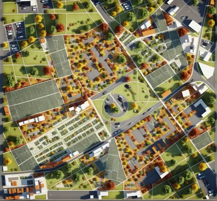 A detailed aerial view of a modern urban masterplan showcasing green spaces, parking zones, and structured pathways—an example of landscape AI used in conceptual site planning and smart city design.