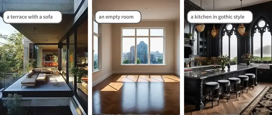 A collage of three interior scenes generated from text prompts: a modern terrace with a sofa, an empty sunlit room, and a dramatic kitchen in gothic style—showcasing how AI can transform simple descriptions into rich, visual interior design ideas for diverse spaces and moods.