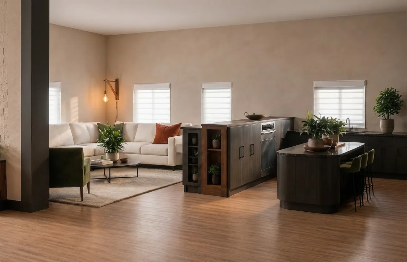 Render de interior con IA del salón de la casa familiar, con un gran sofá en forma de L de tela teddy blanca, luminoso y amplio, creado con ArchiVinci.