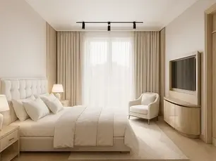 A softly lit, minimalist bedroom featuring neutral tones, floor-to-ceiling curtains, and refined furnishings—an example of how ai bedroom design tools can create serene and visually balanced personal spaces with elegance and precision.