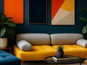 A vibrant modern living room with a mustard yellow tufted sofa, gray cushions, deep blue walls, lush indoor plants, and abstract geometric artwork—an expressive and well-balanced space envisioned with the help of architect AI to explore color harmony and bold interior styling.