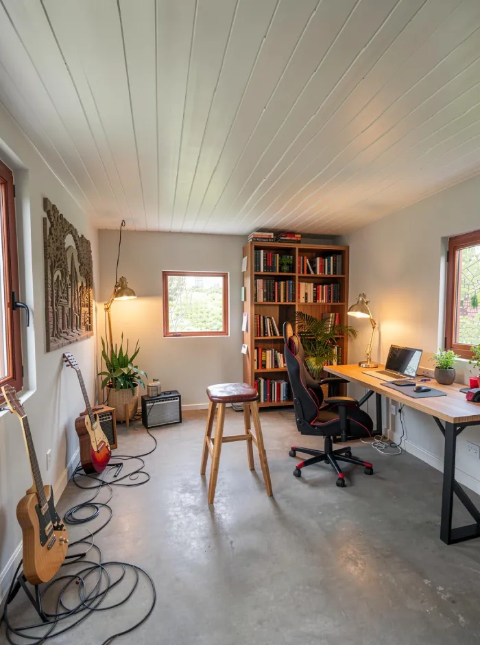 Estudio de música y trabajo terminado con accesorios añadidos por ArchiVinci, con lámparas cálidas, plantas de interior, mesa de centro, estanterías y decoración de pared para una atmósfera acogedora y habitada.
