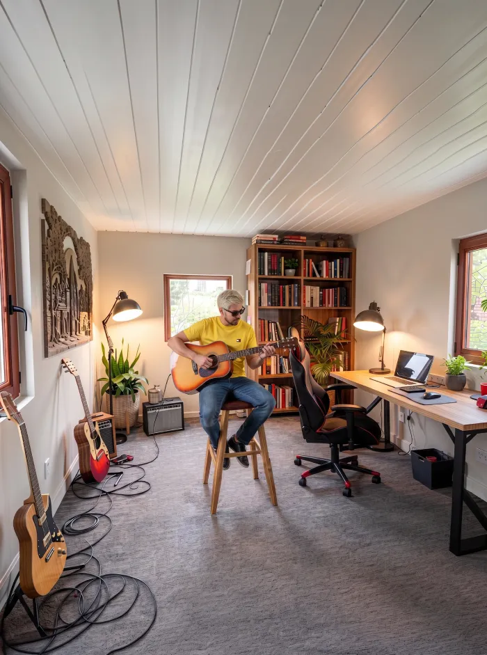 Render de estilo de vida del estudio terminado con una persona tocando la guitarra, añadida con el módulo de Diseño de Interiores con IA de ArchiVinci para mostrar el espacio en uso creativo real.