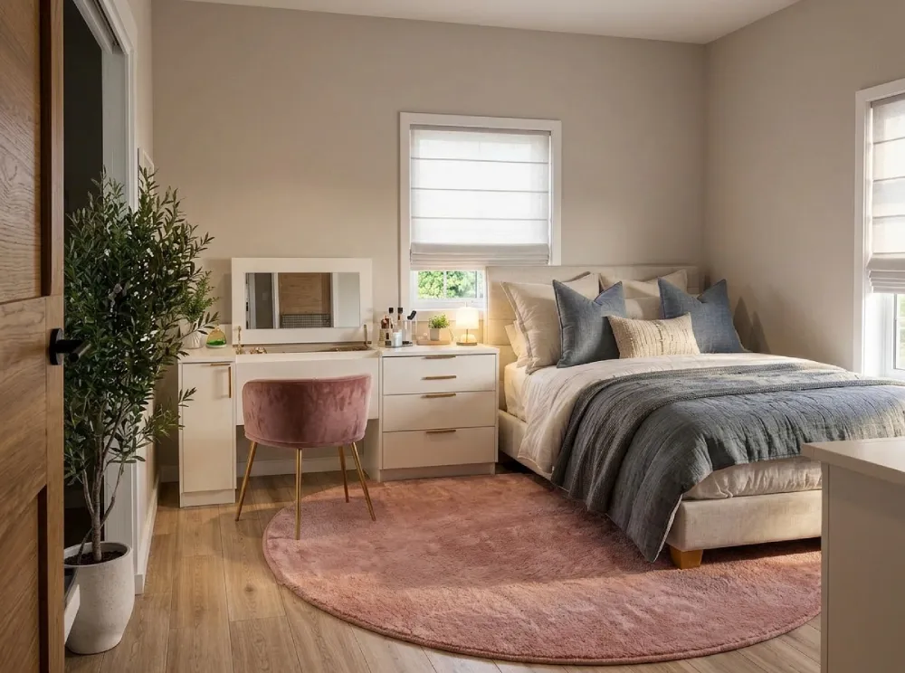 Render de interior con IA de la habitación de un niño en tonos rosa suaves y elegantes, una alternativa más madura a una habitación típica estilo Barbie, diseñada con ArchiVinci.