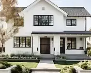 A clean, symmetrical white house facade visualized through architectural render tools, demonstrating how AI home design can enhance curb appeal.