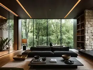 A spacious modern living room with floor-to-ceiling glass walls offering a view of a lush forest, demonstrating how ai interior design tools can create serene, nature-connected interiors with elegant minimalism.