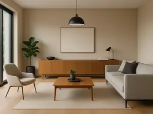 A beautifully lit, modern living room featuring a sleek gray sofa, minimalist wooden furniture, and a neutral palette—an elegant example of ai room decor that combines natural elements and clean lines to create a calming, sophisticated space.