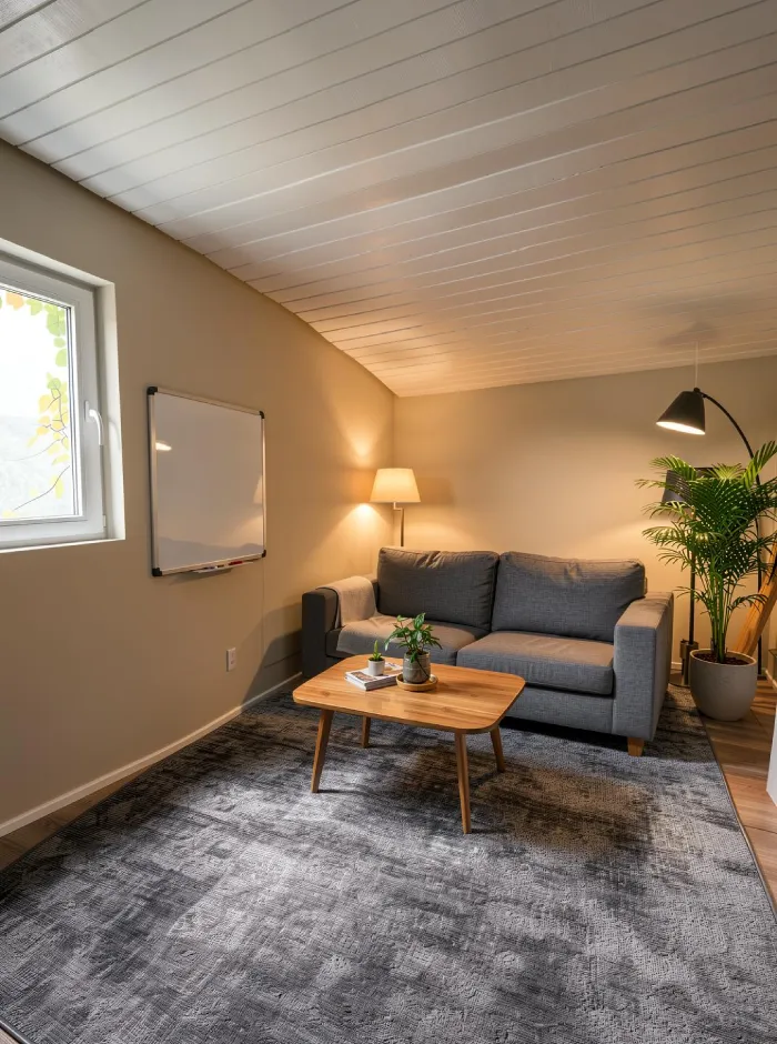 Atmósfera final del estudio que muestra iluminación por capas, vegetación, libros y discos en las estanterías y detalles decorativos que convierten la sala del jardín en un refugio creativo personal.