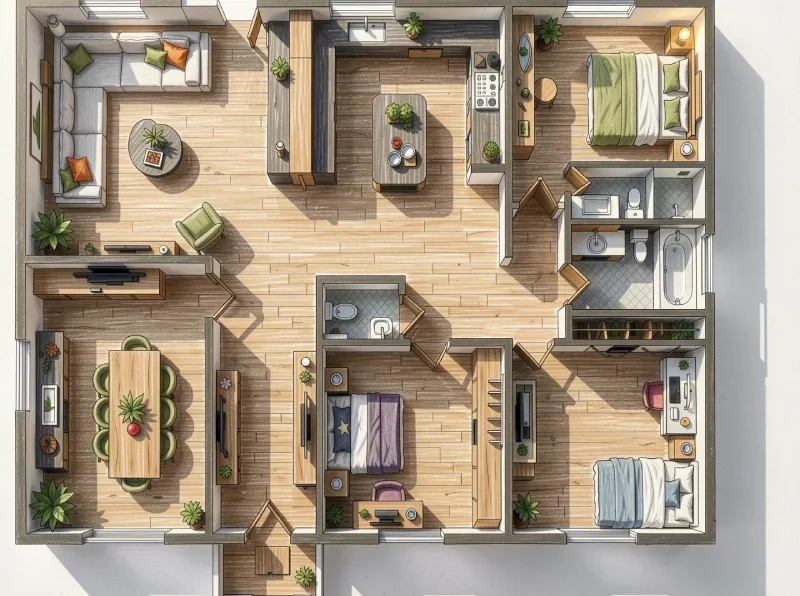 Primera distribución de mobiliario marcada sobre el plano vacío con el módulo Floor Plan Marker de ArchiVinci, con el salón arriba a la izquierda, el comedor abajo a la izquierda y los dormitorios en el lado derecho.