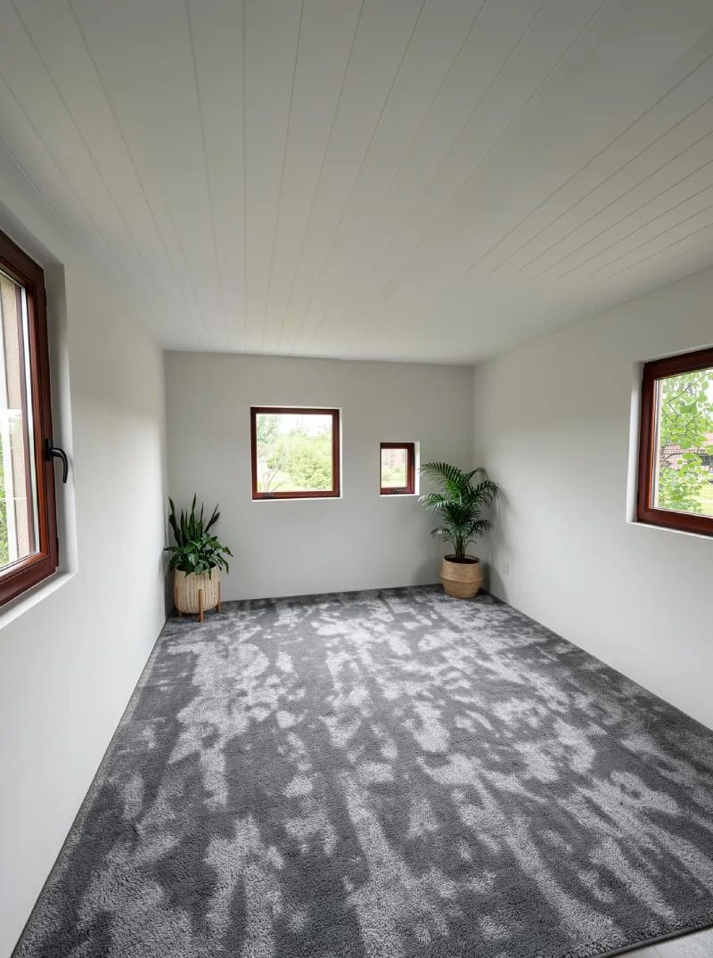 Base del estudio renovada con IA, con techo de madera blanca, vigas vistas marrón oscuro, marcos de ventana marrón oscuro y una alfombra gris que cubre todo el suelo, generada con ArchiVinci.