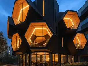 A striking twilight view of a futuristic building with bold hexagonal glass modules illuminated by warm, linear LED lighting, showcasing the kind of visionary design possibilities enabled by architect GPT technologies.