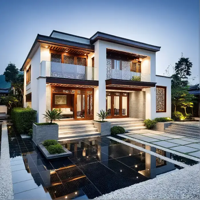 A modern Asian-style villa at dusk with warm interior lighting, intricate wooden lattice details, and a sleek reflecting pool in the front—beautifully conceptualized using architect AI for harmony and elegance.