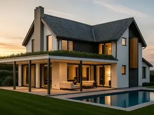A modern minimalist villa designed using AI architecture tools, featuring clean lines, a flat-roofed veranda, large glass panels, and a serene poolside setting at sunset—showcasing how artificial intelligence can enhance contemporary home design aesthetics.