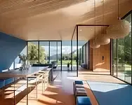 A naturally lit wooden interior with blue accent walls, designed through AI room design to align with architectural moodboards.