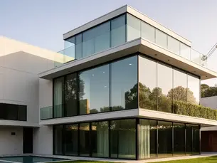 A photorealistic image of a modern multi-story glass villa, designed using advanced ai prompt engineering techniques. The structure features expansive floor-to-ceiling windows, sleek white facades, and lush green detailing on the balcony. Captured in warm afternoon light, this architectural visualization highlights how precise AI-generated prompts can bring contemporary residential concepts vividly to life.