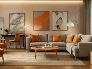 A photorealistic interior scene showcasing a warm, modern living room designed with precision using ai architectural renders. The space features a soft beige sectional sofa with vibrant orange cushions, marble wall art, mid-century modern furnishings, and soft ambient lighting—creating a balanced harmony between comfort and style.