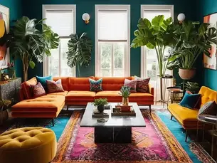 A vibrant, plant-filled living room featuring bold orange and yellow seating, colorful patterned pillows, and large tropical plants against deep teal walls—an inspiring example of ai image generation used to visualize eclectic interior design with striking contrast and lush detail.