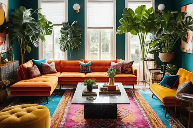 Rendering 3D di un soggiorno eclettico con divano ad angolo arancione, pareti verde acqua e tappeto rosa a motivi