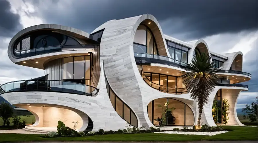 A futuristic, sculptural residence with flowing, organic curves and expansive glass balconies, set against a moody sky—expertly visualized using AI renderings to showcase innovative architectural design.