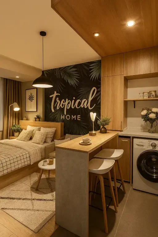 A cozy studio apartment blending a warm wood aesthetic with tropical-themed wall art, featuring a compact kitchen, high stools, and a neatly arranged bed — a perfect example of how GPT for interior design can inspire functional yet stylish small-space living solutions.