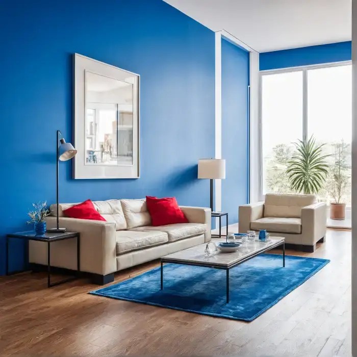 A stylish ai living room with bold blue accent walls, neutral-toned furniture, and red throw pillows, designed to balance modern aesthetics with vibrant color contrast and natural light from large windows.