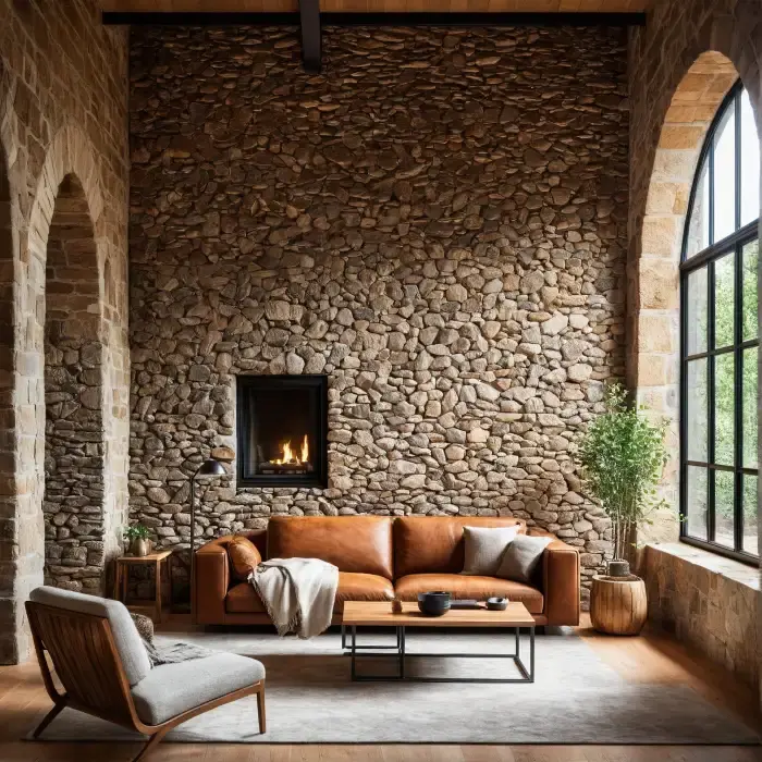 A rustic living room with a tall stone feature wall, leather sofa, and modern fireplace, styled with natural textures and warm lighting—crafted using AI interior tools to blend tradition with contemporary comfort.