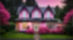 A vibrant pink two-story house with a dark gray roof, surrounded by blooming pink azaleas and lush greenery, visualized using render AI to highlight whimsical architecture and vivid landscaping at sunset.