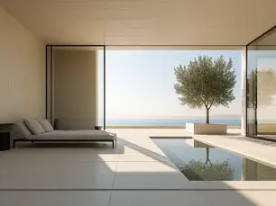 A serene, minimalist beachside living space featuring a sleek daybed, reflective pool, and an olive tree positioned perfectly to frame the ocean view. This calming layout exemplifies how AI home decoration tools can bring harmony and balance to architectural design by blending indoor luxury with outdoor tranquility.
