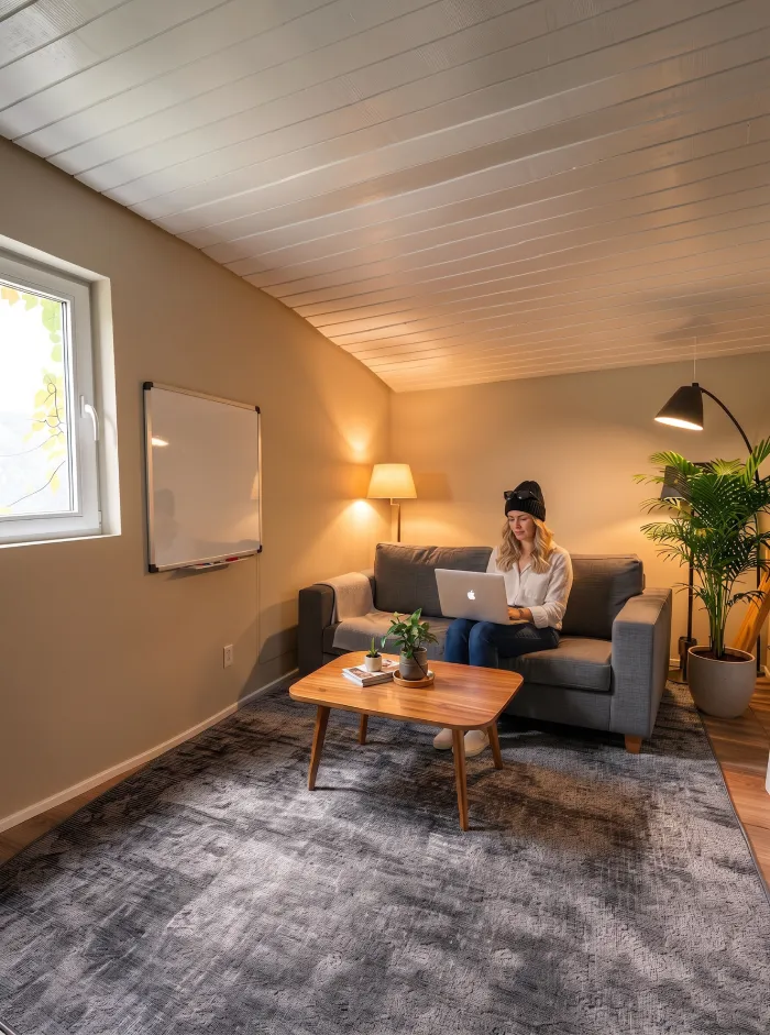 Render con IA del estudio casero en uso, con una persona trabajando en un MacBook en el escritorio, que ilustra la escala, la comodidad y las funciones diarias de trabajo y música de la sala.