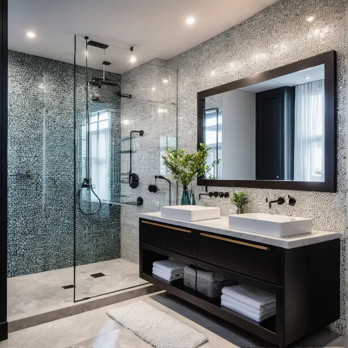 Render con IA de un baño de la casa familiar en Londres, con materiales y acabados refinados, creado con ArchiVinci.