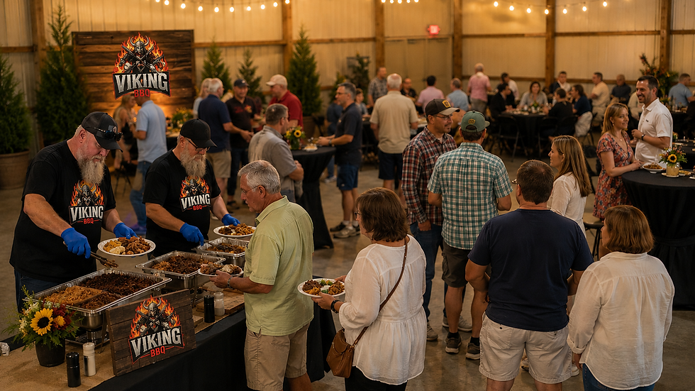 Wide landscape photo of a Viking Barbecue catering event in a barn venue