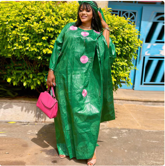 Thumbnail: Green African Bazin Rich Boubou with Pink Embroidery for Women