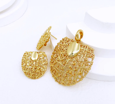 Thumbnail: 3 Pieces Gold Color Necklace Earrings Set For Women - 24K
