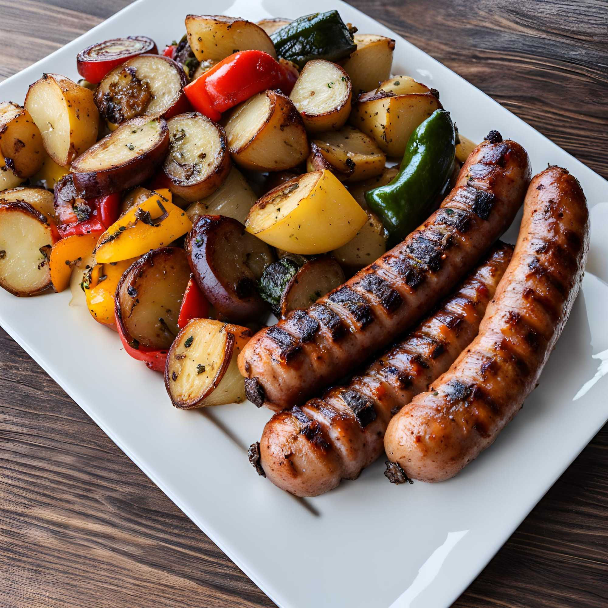 Saucisse italienne grillée au BBQ , oignons et poivrons rôtis, légumes