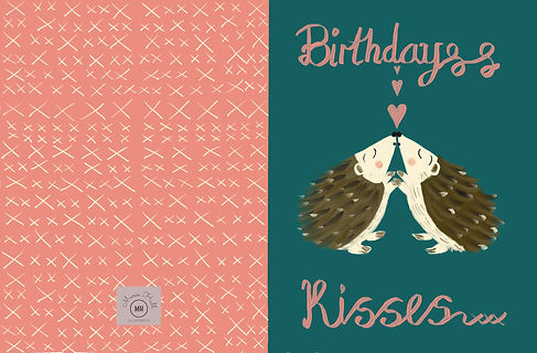 Birthday kisses, a cute card with two hedgehogs kissing on with hearts.
