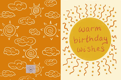 A birthday card with a sun with rays coming out in dots and swirls and a message in the sun that reads Warm Birthday Wishes. The back of the card is orange with white sun and cloud outlines on it.