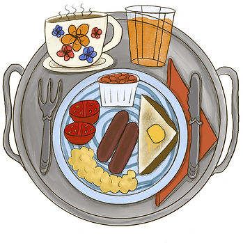 Tray of breakfast illustration with tea cup, glass of orange juice, orange napkin and a cooked breakfast of toast, beans, cooked tomato, scrambled egg and sausages