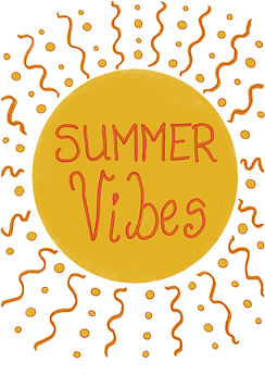 Summer vibes message within a sun with dot and wavy rays coming out of it.